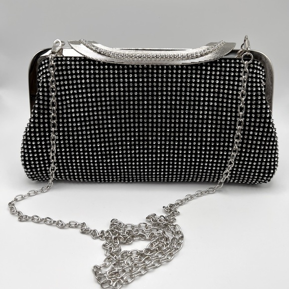 Black Rhinestone Mesh Fabric Soft Evening Clutch Bag